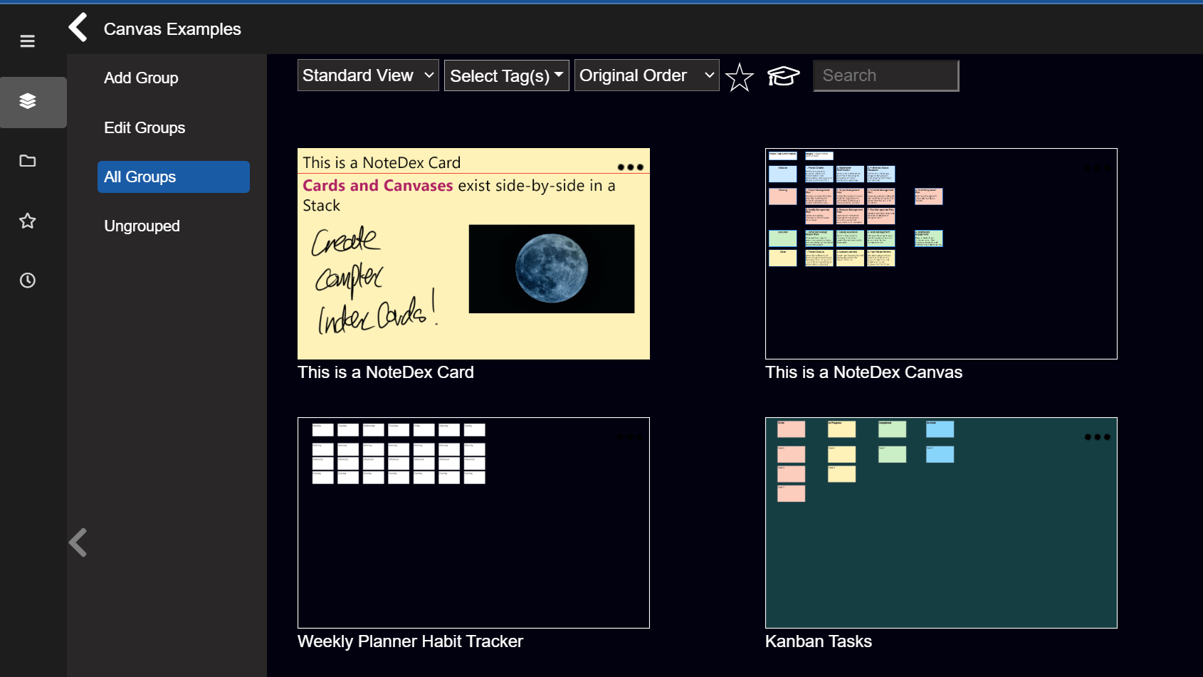 Cards and Canvases exist Side-by- Side in NoteDex